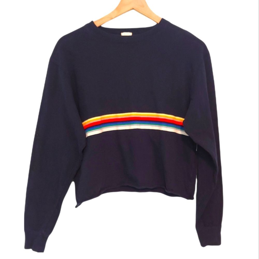 Brandy Melville John Galt Navy Rainbow Stripe Long Sleeve Crop Top Size Small - Picture 2 of 6